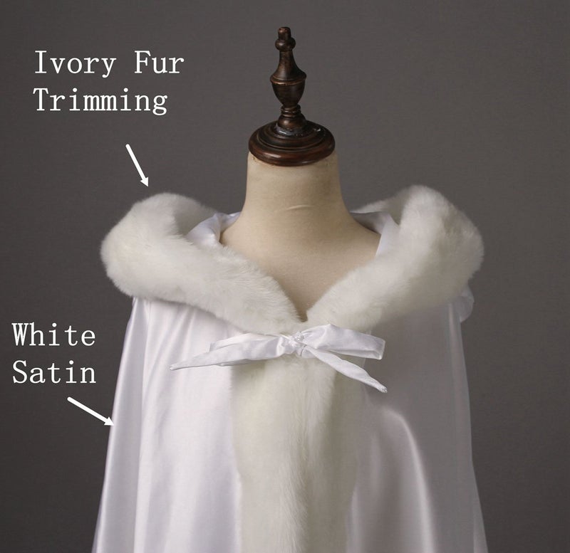 BEAUTELICATE Wedding Cape Hooded Cloak for Bride Winter Reversible with Fur Trim Free Hand Muff Length 55" White - Image 4